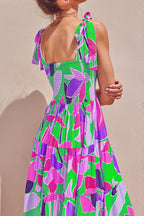 Long Floral Tie-Shoulder Smocked Midi Dress Perfect For Vacation & Summer Days