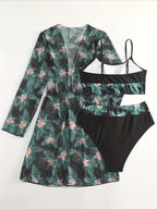 Bikini 3 Piece Tropical Print Swimsuit Set – High Stretch Comfortable Women's Bikini with Crew Neck Mesh Cover-Up – Chic Vacation Beachwear for Summer Casual Style & Poolside Glamour Stevvex