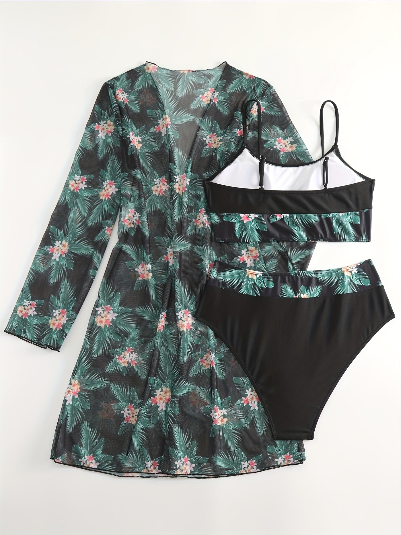 Bikini 3 Piece Tropical Print Swimsuit Set – High Stretch Comfortable Women's Bikini with Crew Neck Mesh Cover-Up – Chic Vacation Beachwear for Summer Casual Style & Poolside Glamour Stevvex