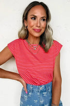 Black Stripe Ribbed Cap Sleeve Round Neck T Shirt