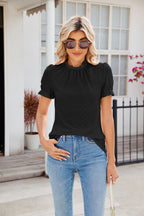 New Fashion Lacework Round Neck Top Summer Puff Sleeves Hollow Design Loose Pleated T-shirt For Womens Clothing Pi-Mart