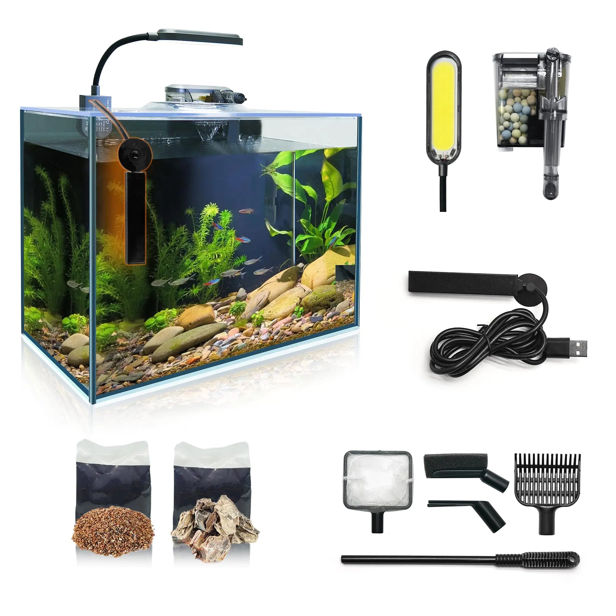 3 Gallon Betta Fish Tank Small Aquarium Starter Kit with Heater Self Cleaning System Efficiency Filter Bright Light Rocks Gravel Cleaning Tool Set HD Float Complete Glass Leak-Proof Gift Present Lootquake LLC