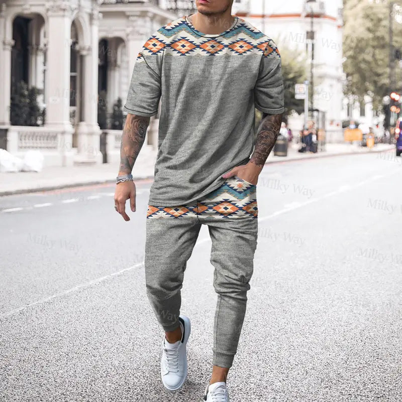 Men's Summer Tracksuit Stripe Print T-shirt Trousers Set Pi-Mart