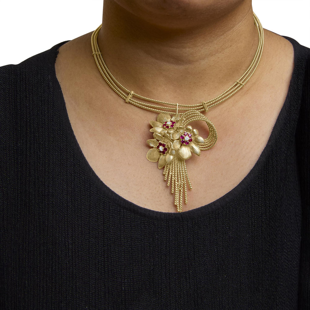 18K Yellow Gold Diamond and Red Ruby Floral Cascade Statement Necklace with 16" Inch Bead Chain (F-G Color, VS1-VS2 Clarity)