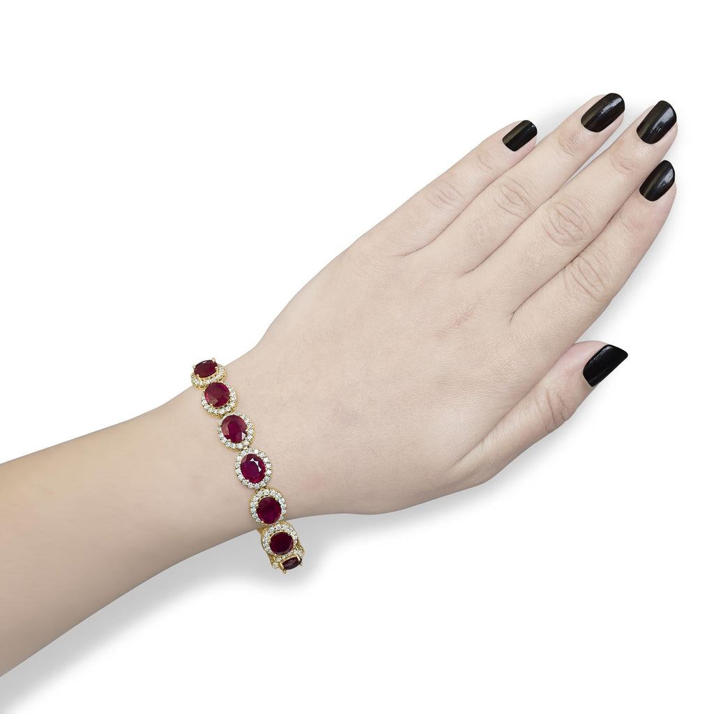 14K Yellow Gold 6 2/5 Cttw Diamond and 34.0 Cttw Oval Red Ruby Halo Link Bracelet (I-J Color, SI1-SI2 Clarity) - 7.25" Inches Lootquake LLC