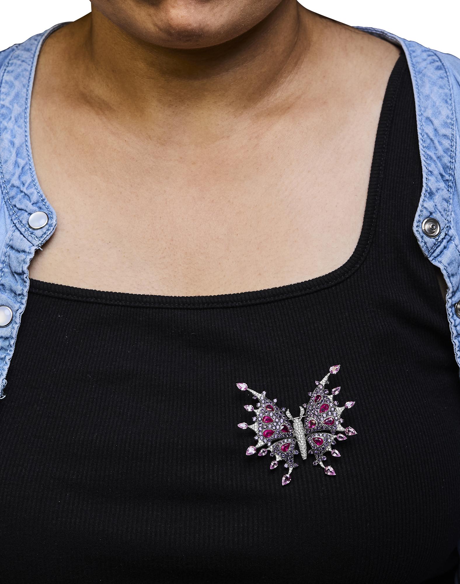 18K White Gold 1.00 Cttw Diamond, Ruby  Sapphire, and Amethyst Mixed Gemstone Butterfly Brooch Pin (G-H Color, VS1-VS2 Clarity) Lootquake LLC