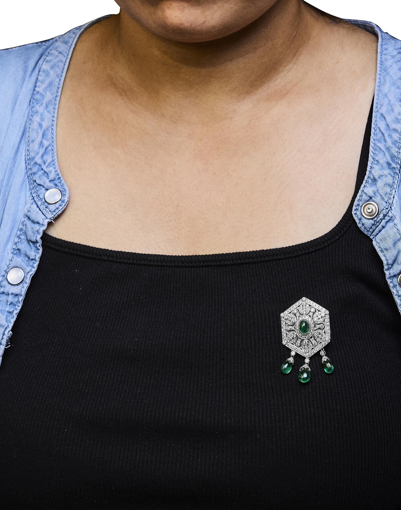 18K 2 3/4 Cttw Diamond and Emerald Dangle Art Deco Shield Brooch Pin Pendant (G-H Color, VS1-VS2 Clarity) CHAIN NOT INCLUDED Lootquake LLC