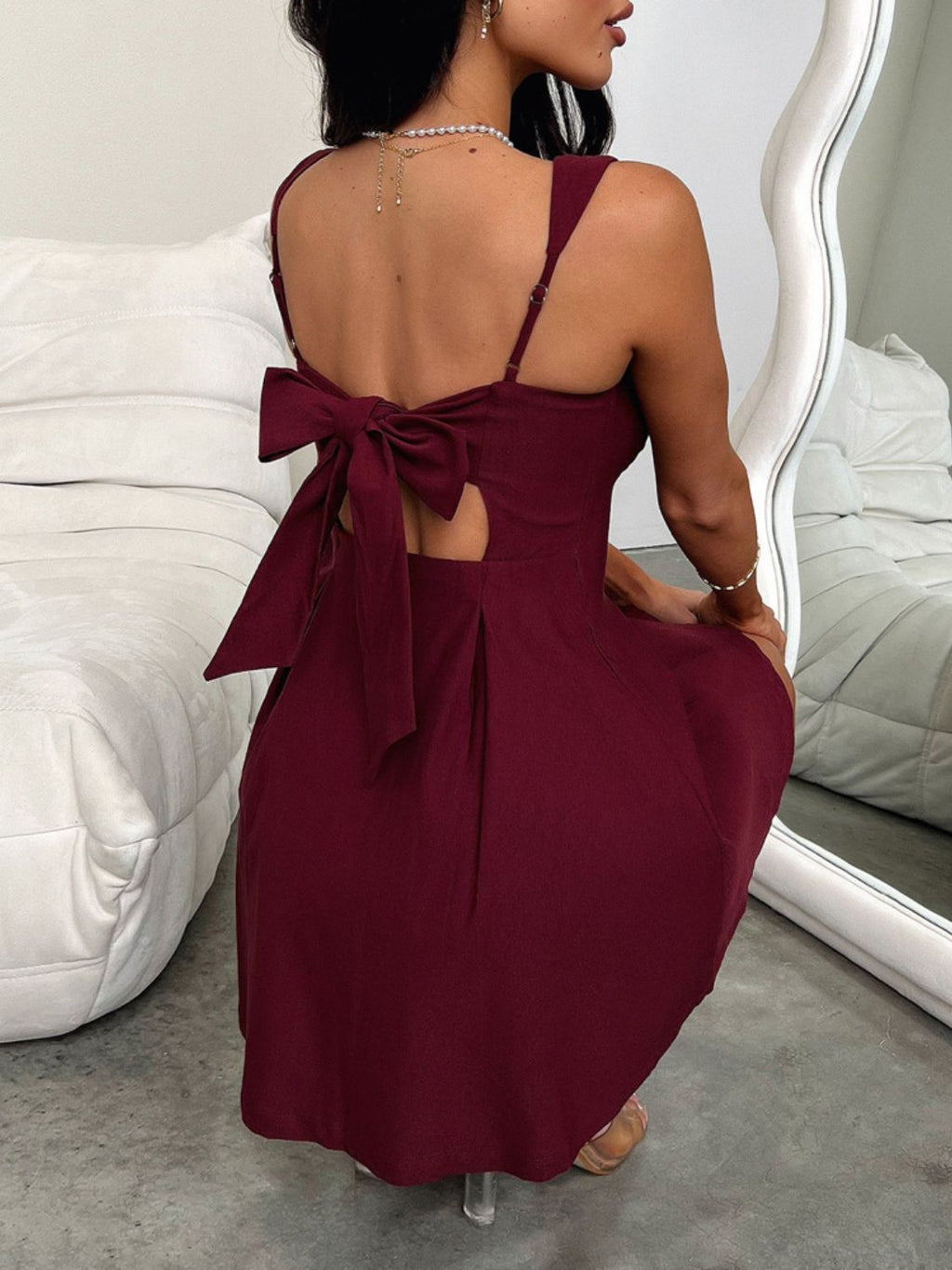 Dark Blue Bow Back Square Neck Mini Dress Luxury Feminine & Flattering Dress For Girls Stevvex