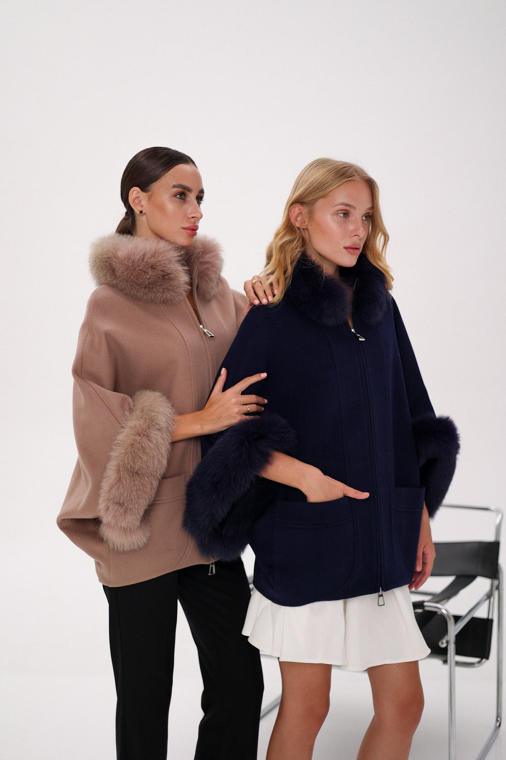 Genuine Polar Fox Fur Cashmere Blend Poncho in True Navy - SJB-DIAMOND ELITES
