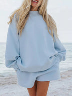 Relaxed Fit Round Neck Sweatshirt and Shorts Set THRIXINE
