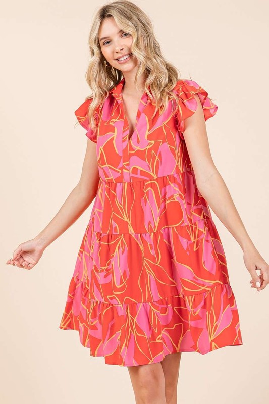 Leaf Print Ruffle Sleeve Tiered Mini Dress For Summer – Fluttering, Playful and Feminine Dress with Layered Details Stevvex
