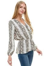 Snake V neck Button Front Peplum Long Sleeve Blouse Top | Femstylo - SJB-DIAMOND ELITES