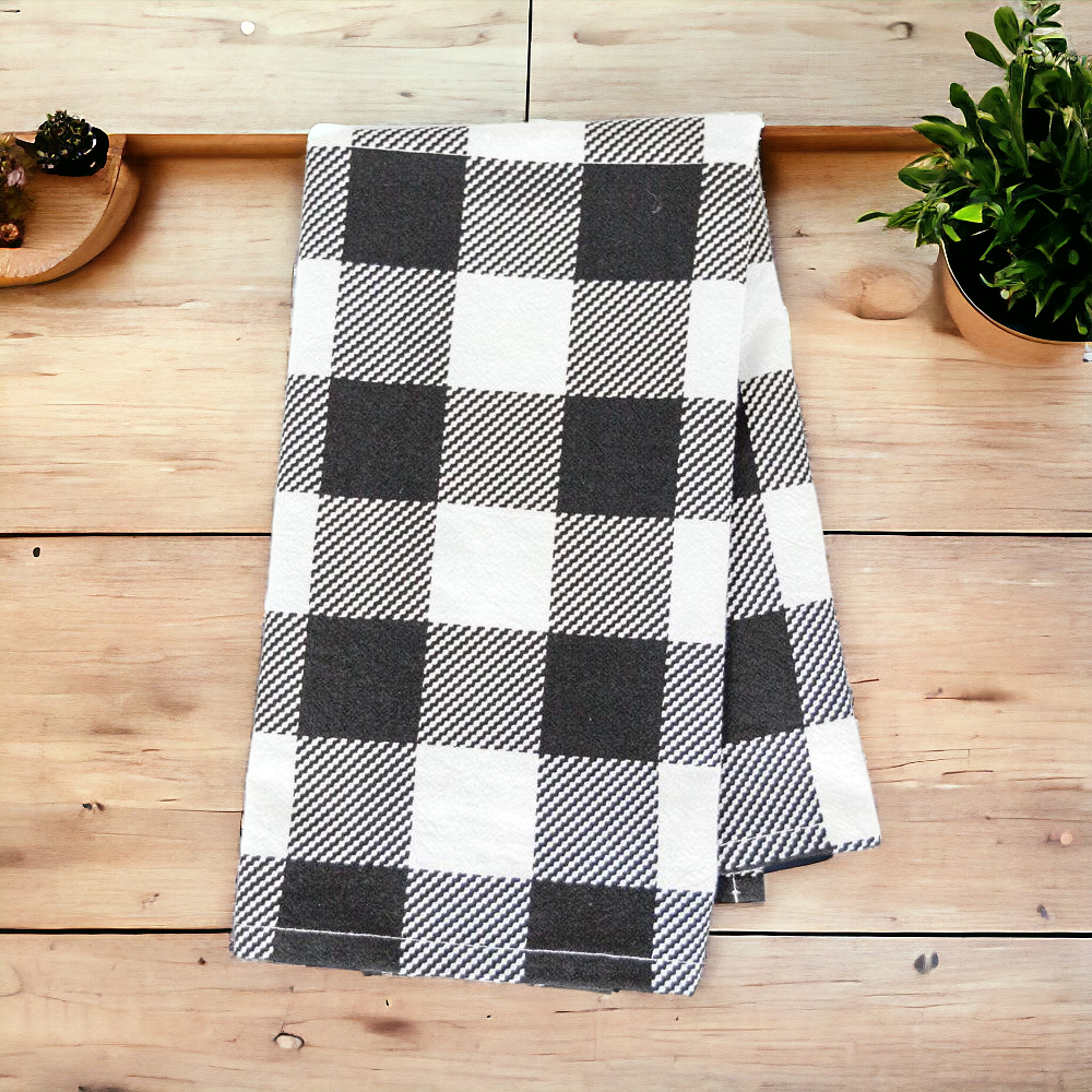 Buffalo Check Kitchen Hand Towel 17x24 Black White Cotton Farmhouse BandsCo Straps