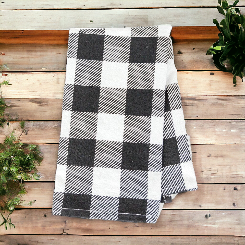 Buffalo Check Kitchen Hand Towel 17x24 Black White Cotton Farmhouse BandsCo Straps