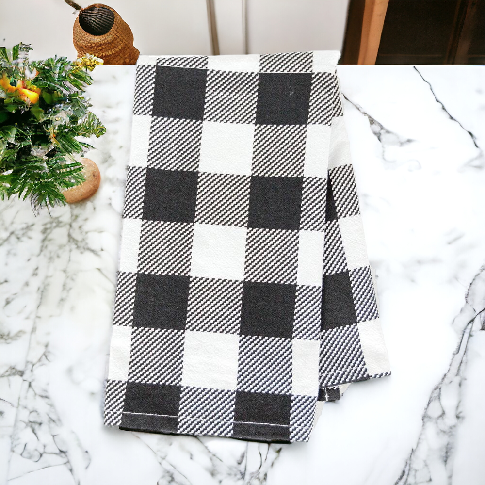 Buffalo Check Kitchen Hand Towel 17x24 Black White Cotton Farmhouse BandsCo Straps