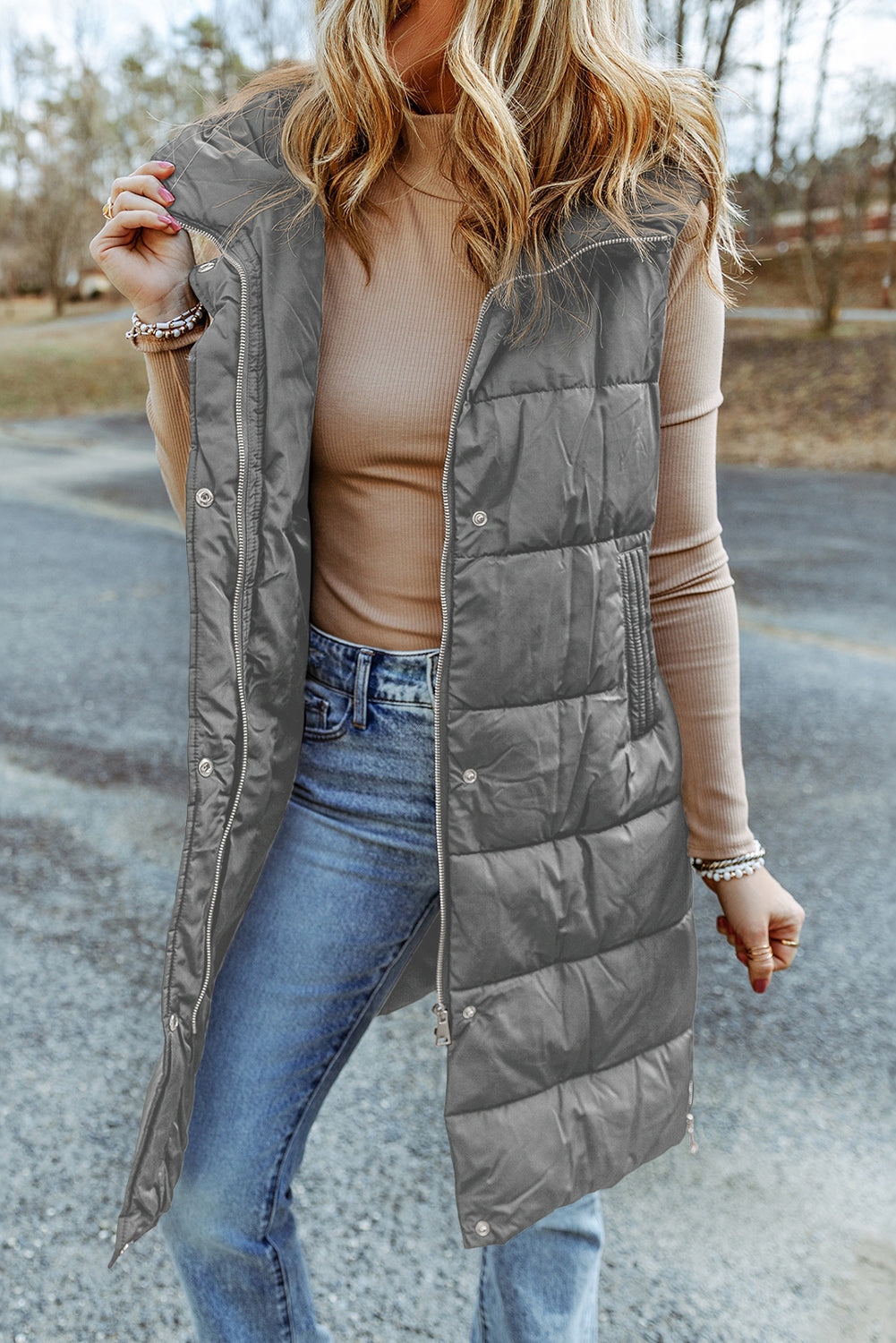 Dark Grey Hooded Long Quilted Vest Coat Lootquake LLC