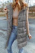 Dark Grey Hooded Long Quilted Vest Coat Lootquake LLC