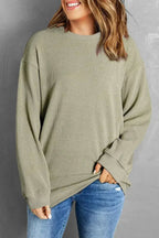 Green Ribbed Knit Sweatshirt - Round Neck Pullover | Femstylo