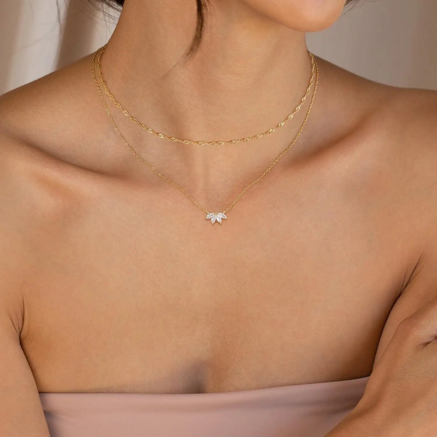 Women's Brass Gold Plated Inlaid Zircon Petal Double-layer Necklace