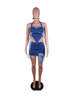 Skirt and Top Set Woman Summer 2 Piece Outfit Hollow Out Strapless Strap with Short Mini Skirt Night Club Wear Blue Denim Set Purplish Diva