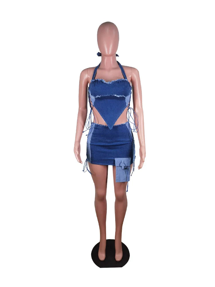 Skirt and Top Set Woman Summer 2 Piece Outfit Hollow Out Strapless Strap with Short Mini Skirt Night Club Wear Blue Denim Set Purplish Diva