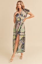 Lace Detail Slit Geometric Print Short Sleeve Maxi Comfortable Dress For Women, Elegant Lace, Alluring Slit, Sophisticated Geometric Print for Casual & Dressy Occasions Stevvex