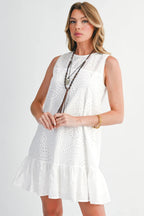 White Floral Eyelet Embroidered Sleeveless Shift Dress