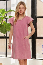 Mineral Washed V-Neck Ruffled Cap Sleeve Dress – Trendy, Comfortable, Playful, Unique Wash For Any Occasion Stevvex