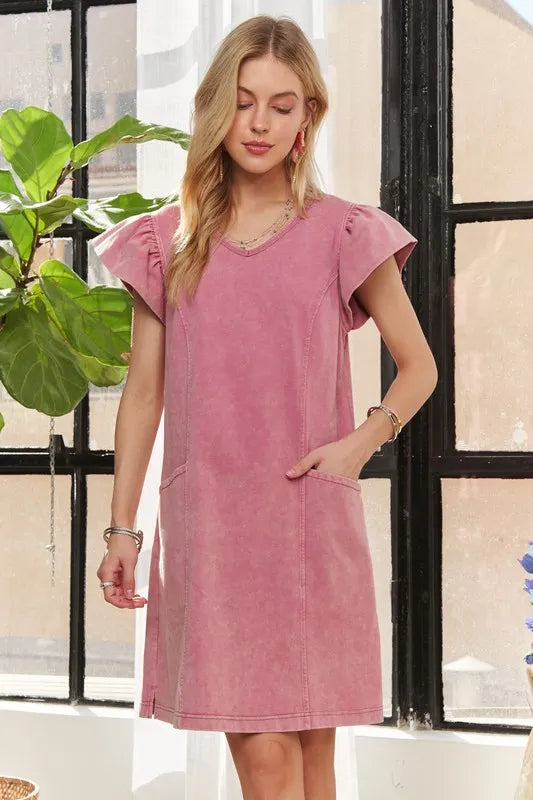 Mineral Washed V-Neck Ruffled Cap Sleeve Dress – Trendy, Comfortable, Playful, Unique Wash For Any Occasion Stevvex