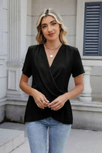 Out of State - Solid Color Surplice Short Sleeve Blouse