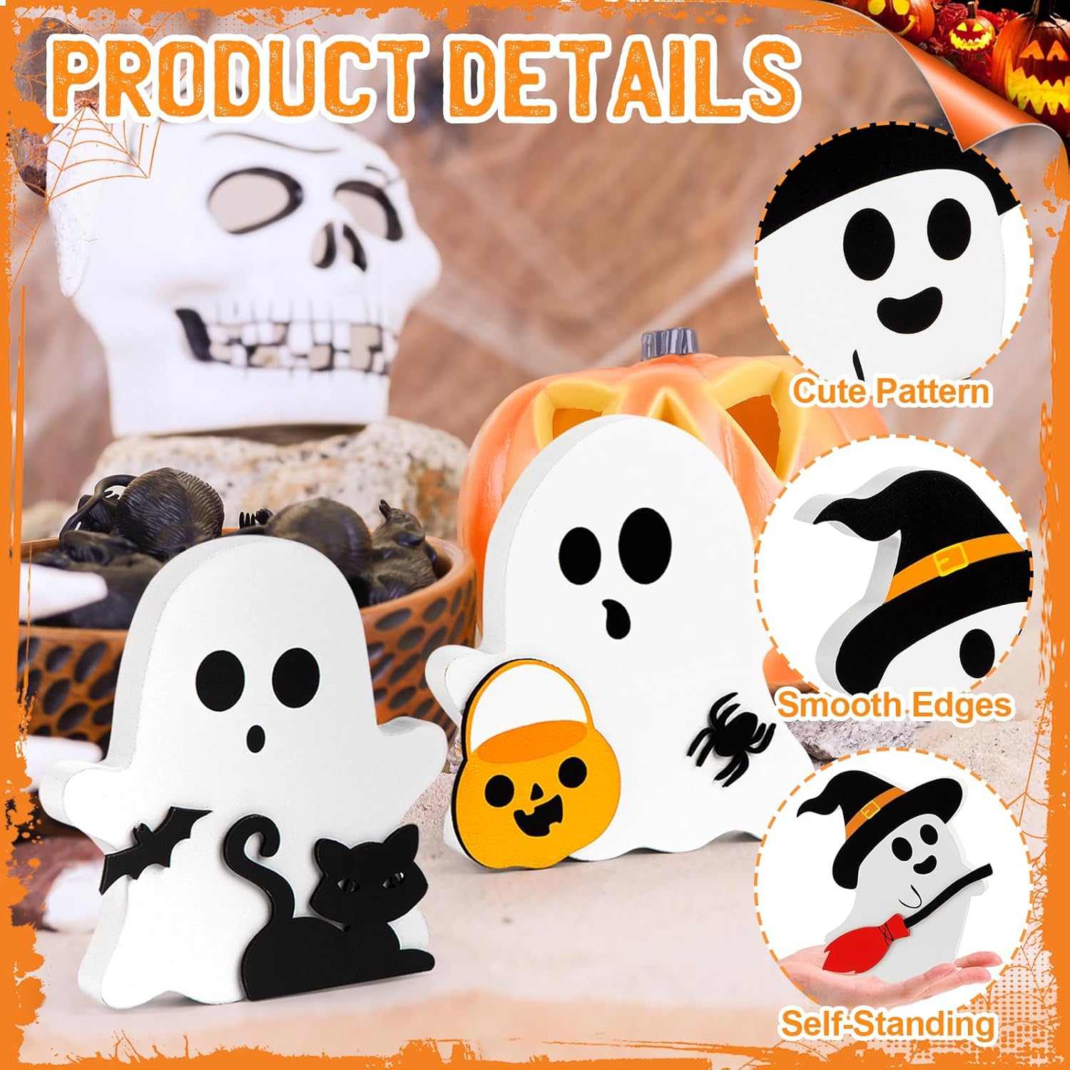 Cute Ghost Halloween Decorations Indoor, Wooden Tiered Tray Decor Table Sign Set of 3, Black Cat Bat Witch Broom Signs Pumpkin Blocks for Party Home Shelf Display (A-Ghost) - SJB-DIAMOND ELITES
