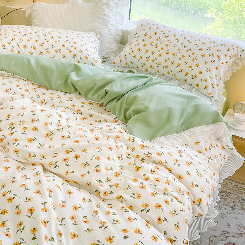 Washed Cotton Small Floral Quilt Cover, Four Piece Bed Sheet Set Pi-Mart