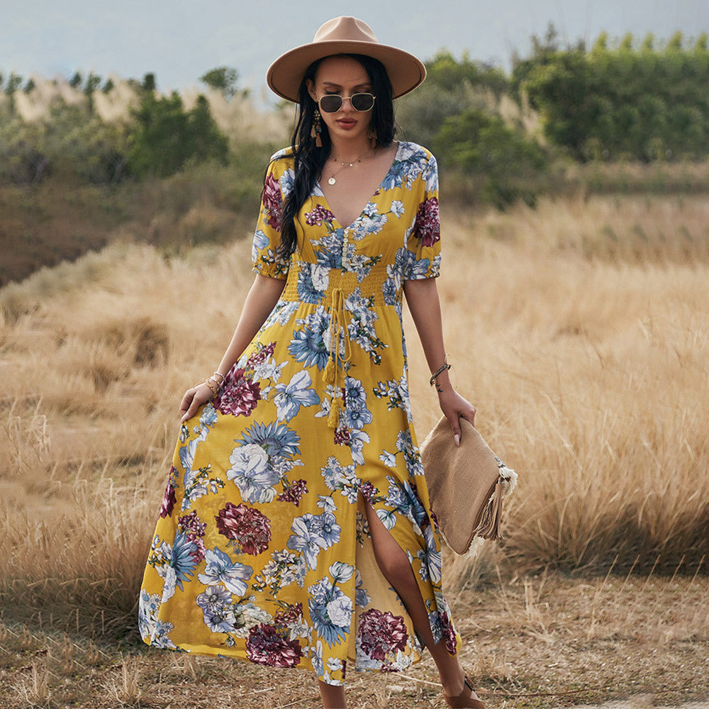 Floral Summer Beach Dress With V Neck Elastic Waist Dresses For Women Pi-Mart