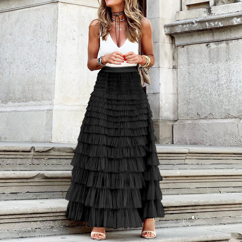 Layered Ruffles Cake Skirt Summer Fashion A Line Swing Mesh Long Skirt Party Dress Women Pi-Mart