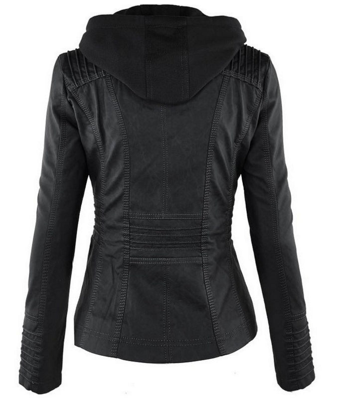 Fashion Detachable Hooded Jacket With Pockets Casual Solid Color Zipper Long Sleeve Leather Coat Autumn Winter Women's Clothing Pi-Mart