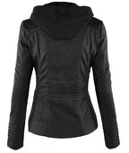 Fashion Detachable Hooded Jacket With Pockets Casual Solid Color Zipper Long Sleeve Leather Coat Autumn Winter Women's Clothing Pi-Mart