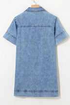 Beau Blue Short Sleeve Collared Chest Pocket Denim Mini Dress