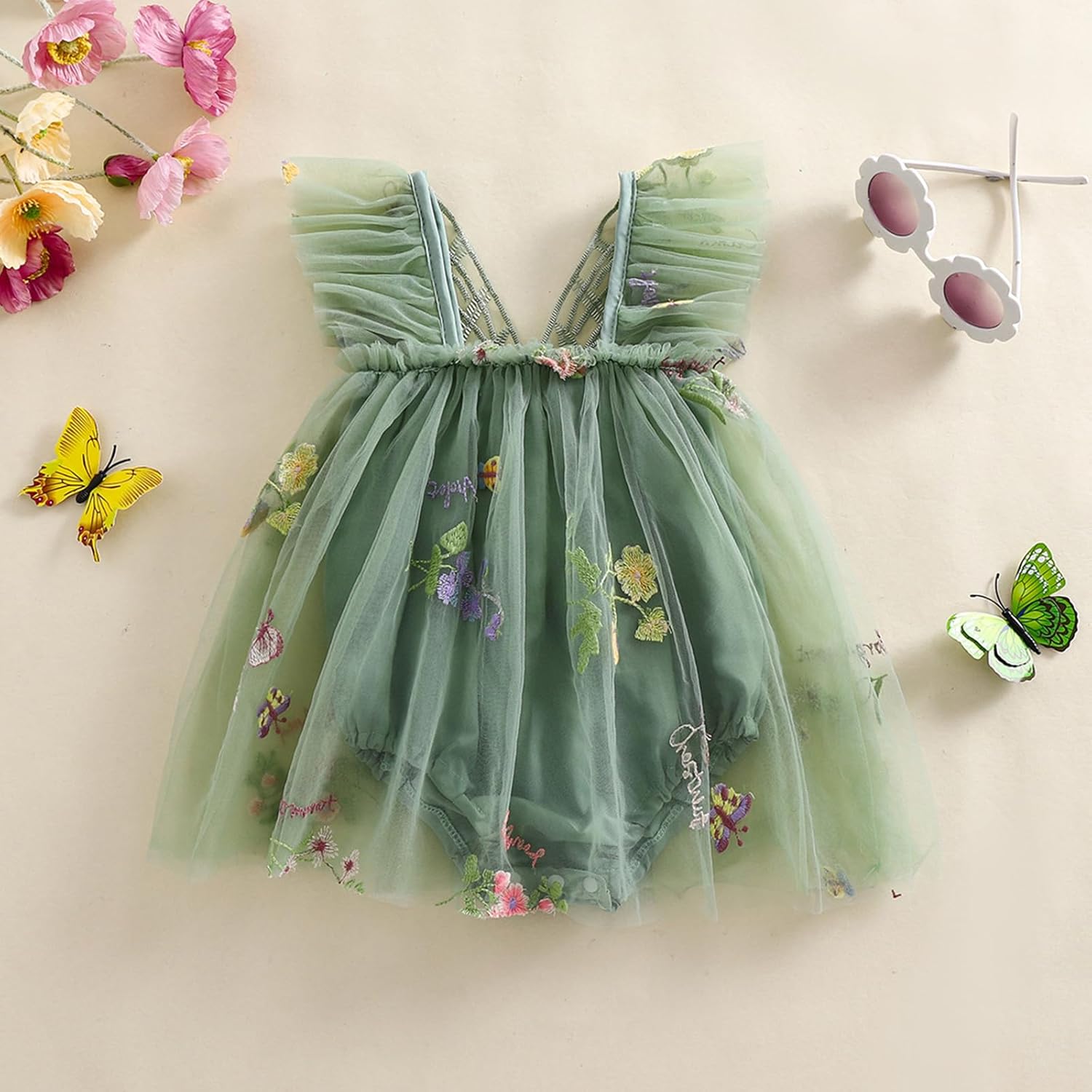 Baby Girl Halloween Costume Butterfly Wing Mesh Flower Sleeveless Tulle Fairy Romper Dress Birthday Tutu Dress - SJB-DIAMOND ELITES