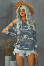 Camouflage Shoulder To Hollow Out Long Sleeve Top - SJB-DIAMOND ELITES