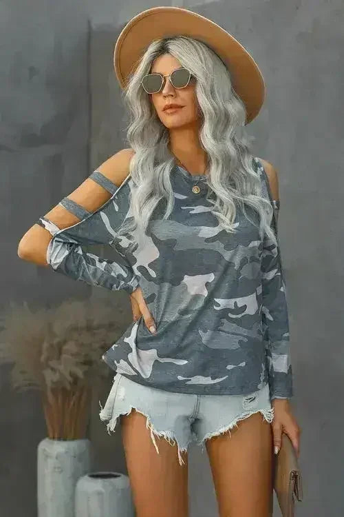 Camouflage Shoulder To Hollow Out Long Sleeve Top - SJB-DIAMOND ELITES