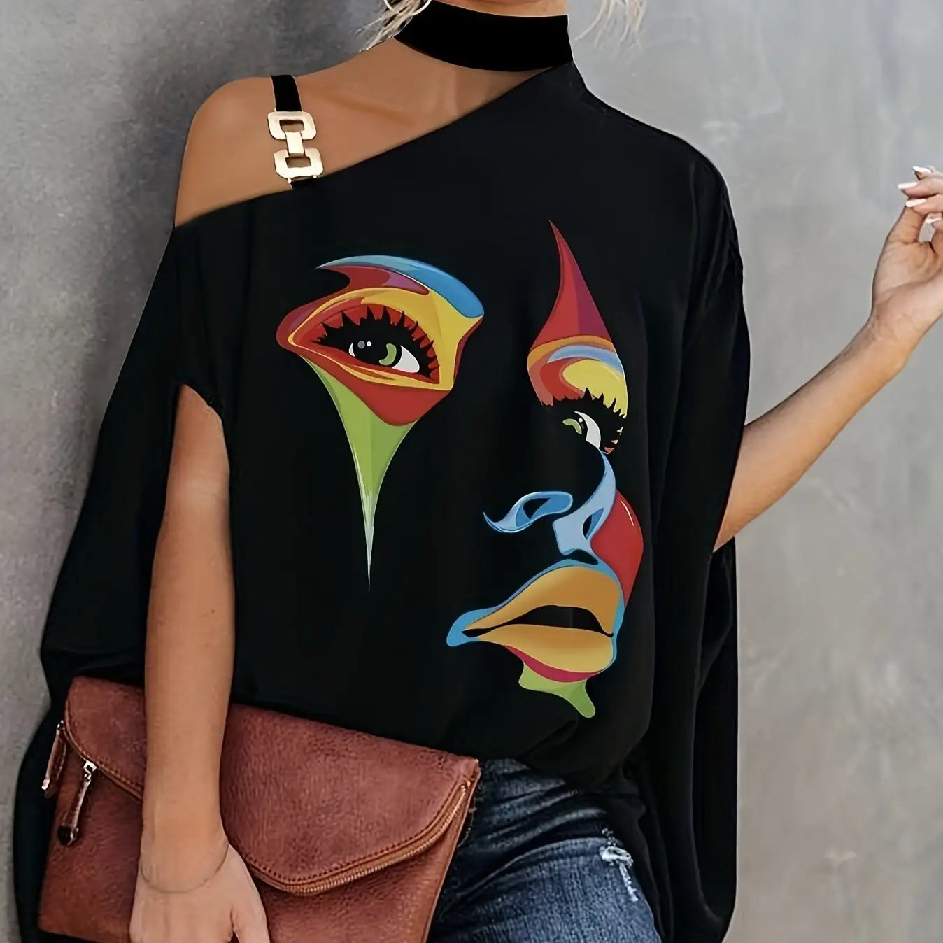Ladies' Fashionable Slanted Shoulder Collar Printed T-shirt Top - SJB-DIAMOND ELITES