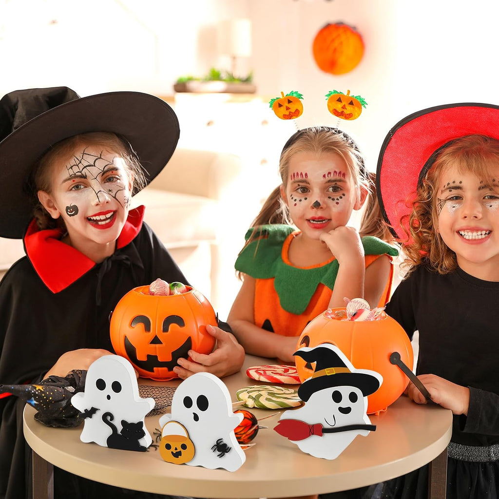 Cute Ghost Halloween Decorations Indoor, Wooden Tiered Tray Decor Table Sign Set of 3, Black Cat Bat Witch Broom Signs Pumpkin Blocks for Party Home Shelf Display (A-Ghost) - SJB-DIAMOND ELITES