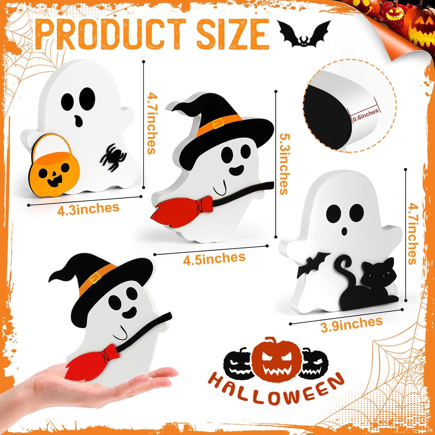 Cute Ghost Halloween Decorations Indoor, Wooden Tiered Tray Decor Table Sign Set of 3, Black Cat Bat Witch Broom Signs Pumpkin Blocks for Party Home Shelf Display (A-Ghost) - SJB-DIAMOND ELITES
