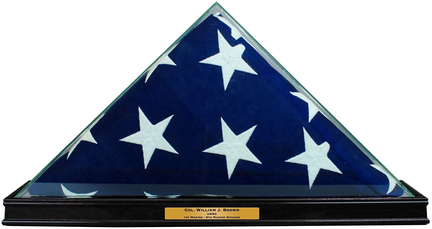 Perfect Cases All Glass Flag Display Case for 9.5' X 5' Flag with Engraving (Black). The Military Gift Store