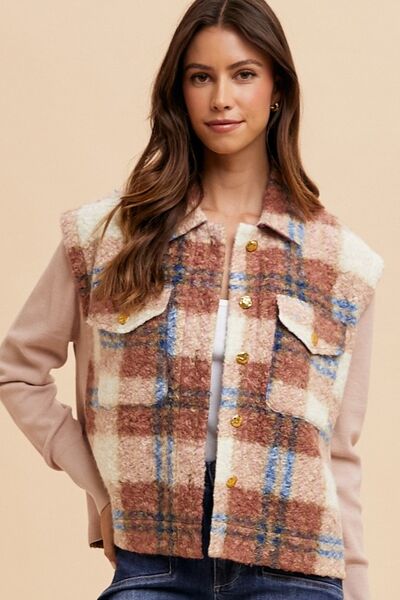 Women Brown Faux Fur Plaid Button-Up Jacket Soft Jacket For Girls Jacket With Closure Stevvex