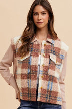 Women Brown Faux Fur Plaid Button-Up Jacket Soft Jacket For Girls Jacket With Closure Stevvex