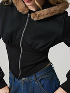 Black Fuzzy Hem Hooded Zip-Up Jacket With Long Sleeves and Casual Style Jacket Stevvex