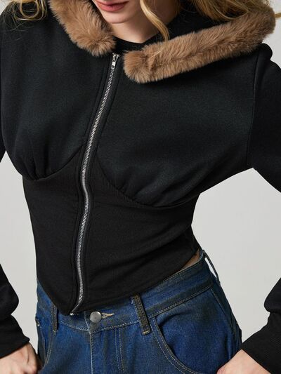 Black Fuzzy Hem Hooded Zip-Up Jacket With Long Sleeves and Casual Style Jacket Stevvex