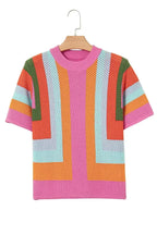 Orange Colorblock Eyelet Casual Knit T Shirt