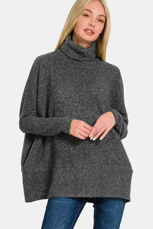 Full Size Brushed Melange Hacci Turtleneck Sweater | Femstylo - SJB-DIAMOND ELITES